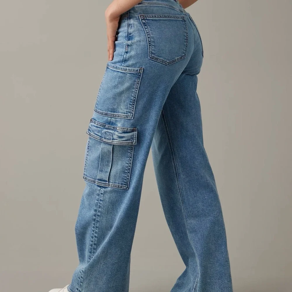 American Eagle Super High Waist Baggy Wide Leg Cargo Jeans - Size 00 Regular - Picture 7 of 8